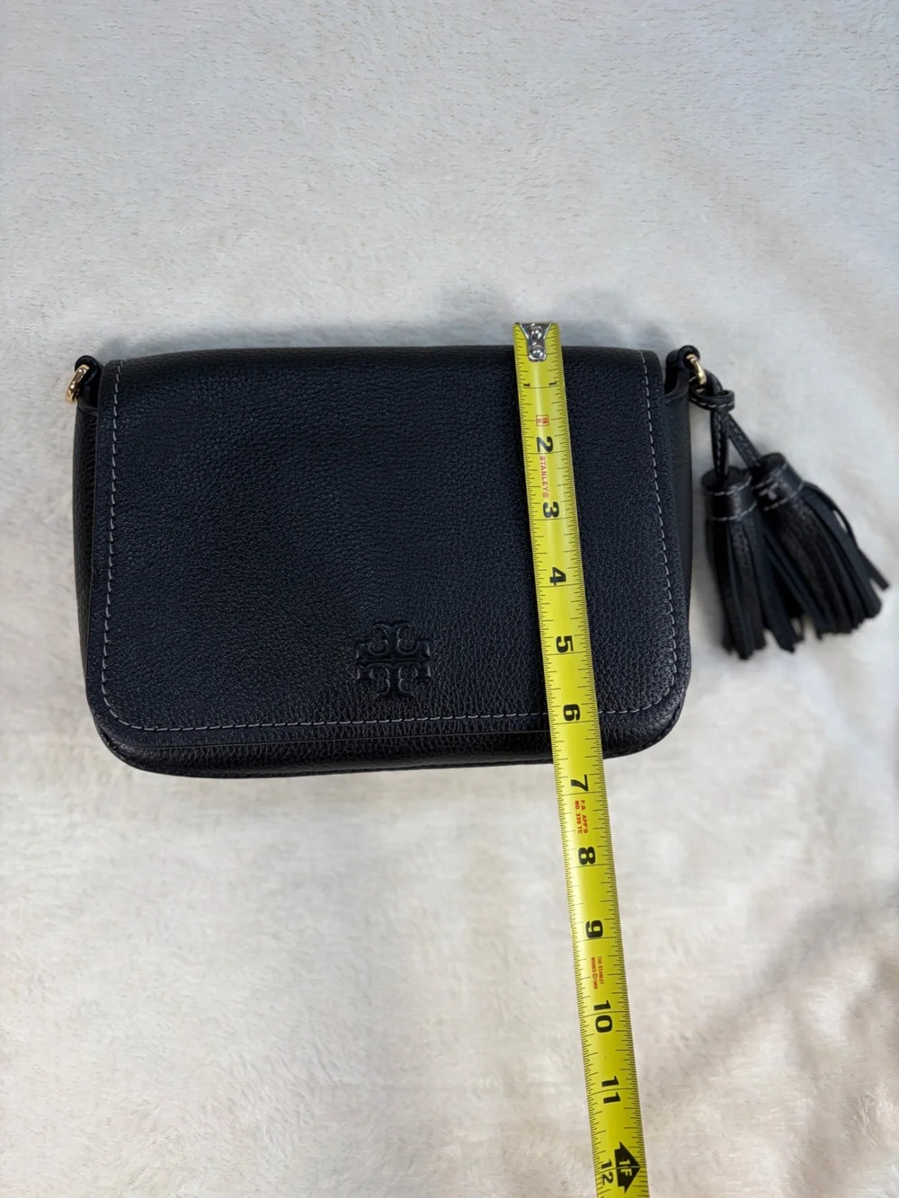 Tory Burch Thea Flap Black Pebbled Leather‎ Crossbody with Tassel and Wide Strap